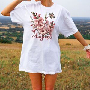 August Birth Flower T-Shirt, Gladiolus and Butterfly Design
